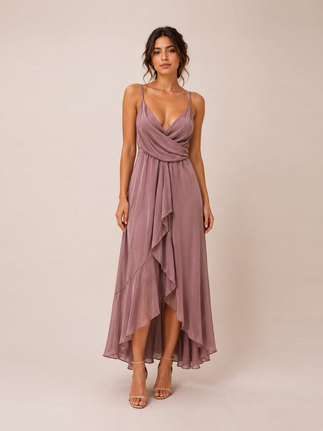 Pink Chiffon Asymmetrical Ruffle Dress