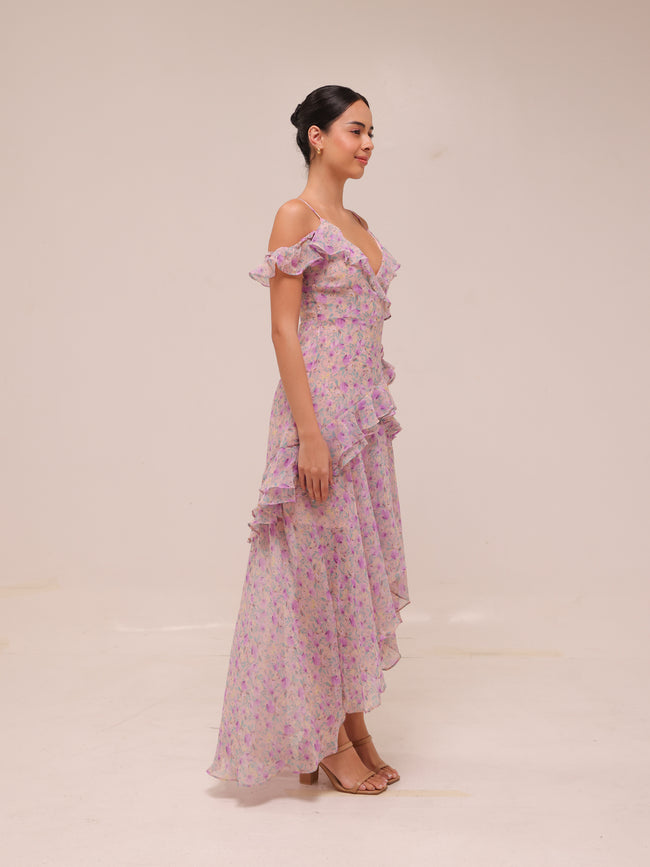 Floral Ruffle High-Low Maxi Dress