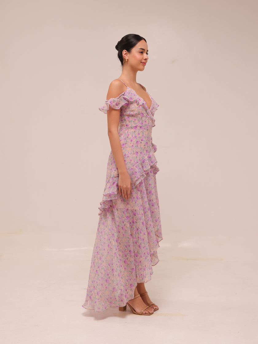 Floral Ruffle High-Low Maxi Dress