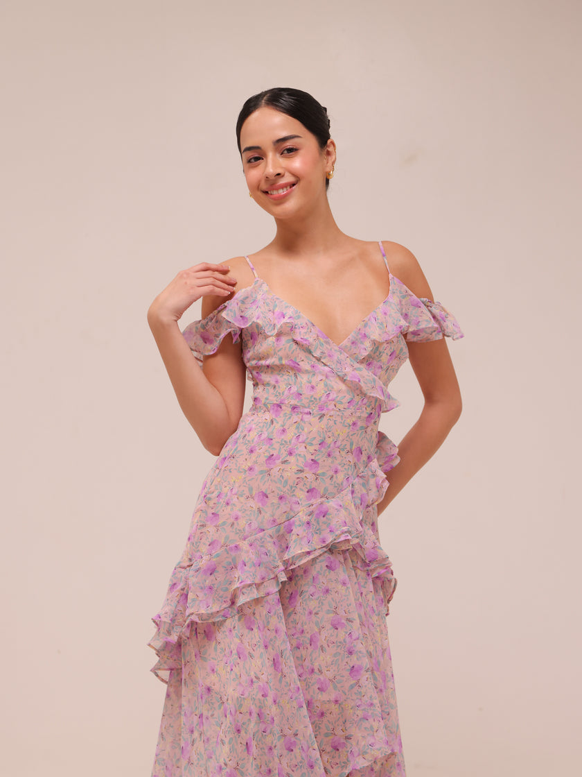 Floral Ruffle High-Low Maxi Dress