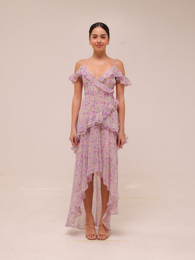 Floral Ruffle High-Low Maxi Dress