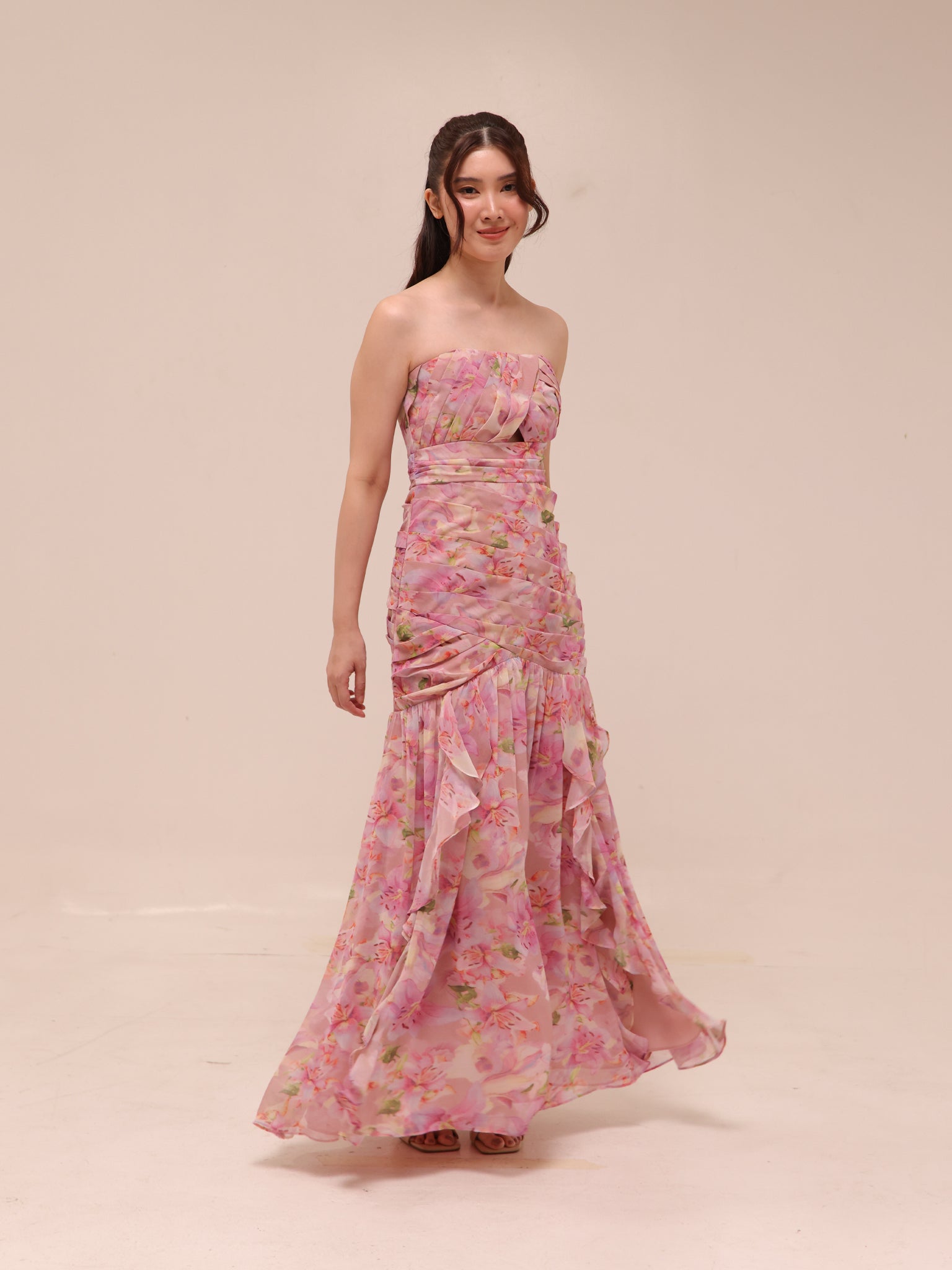 estefany dress in pink floral astr the label Estefany Floral Strapless Maxi Dress for Rent