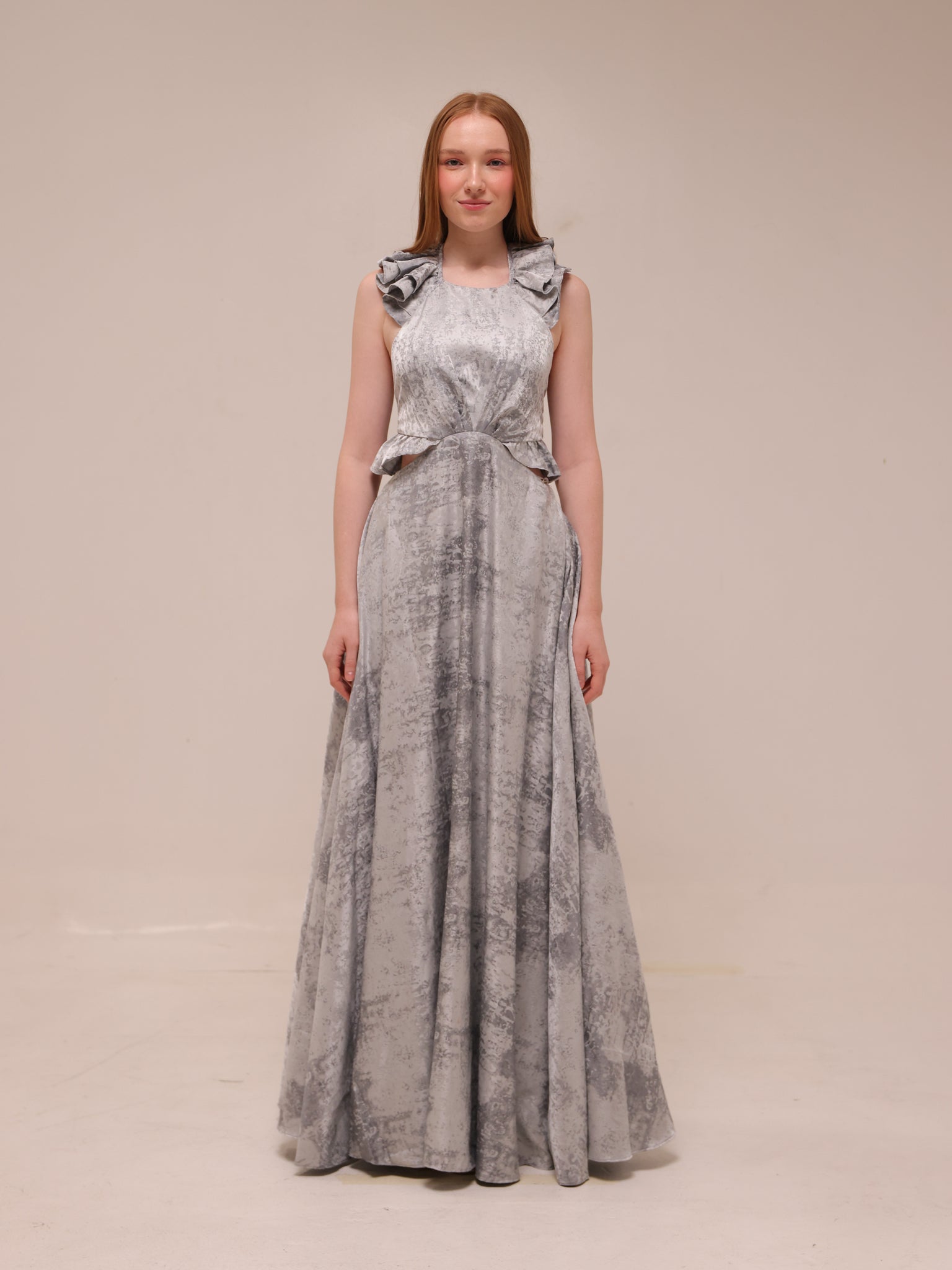 Silver Textured Ruffle Gown
