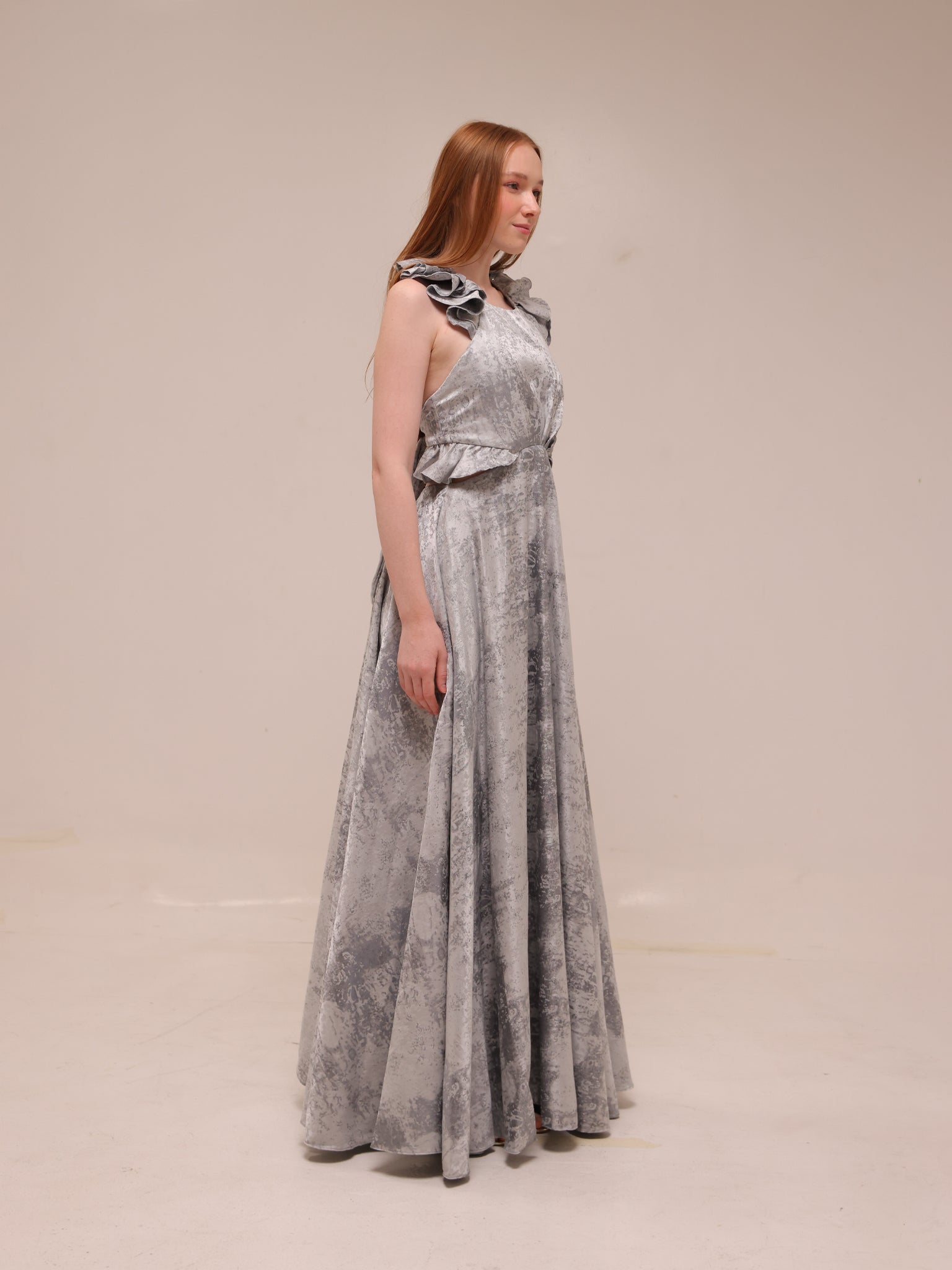 Silver Textured Ruffle Gown