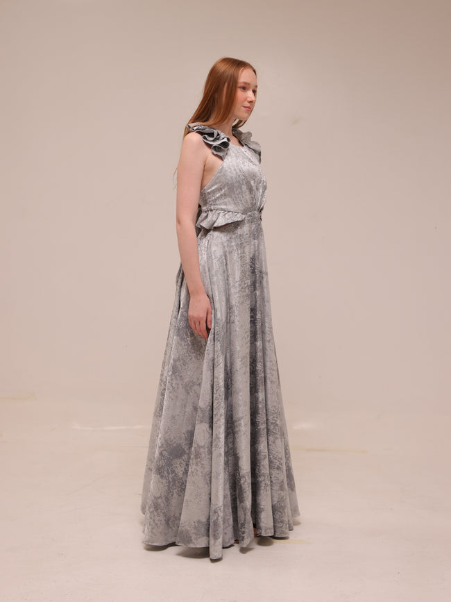 Silver Textured Ruffle Gown