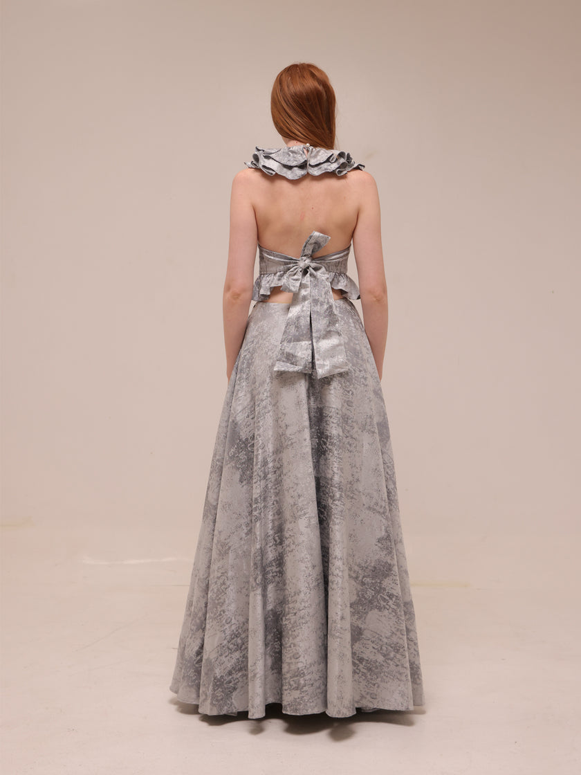 Silver Textured Ruffle Gown