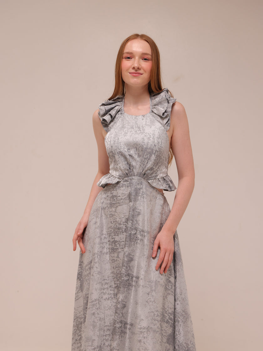 Silver Textured Ruffle Gown