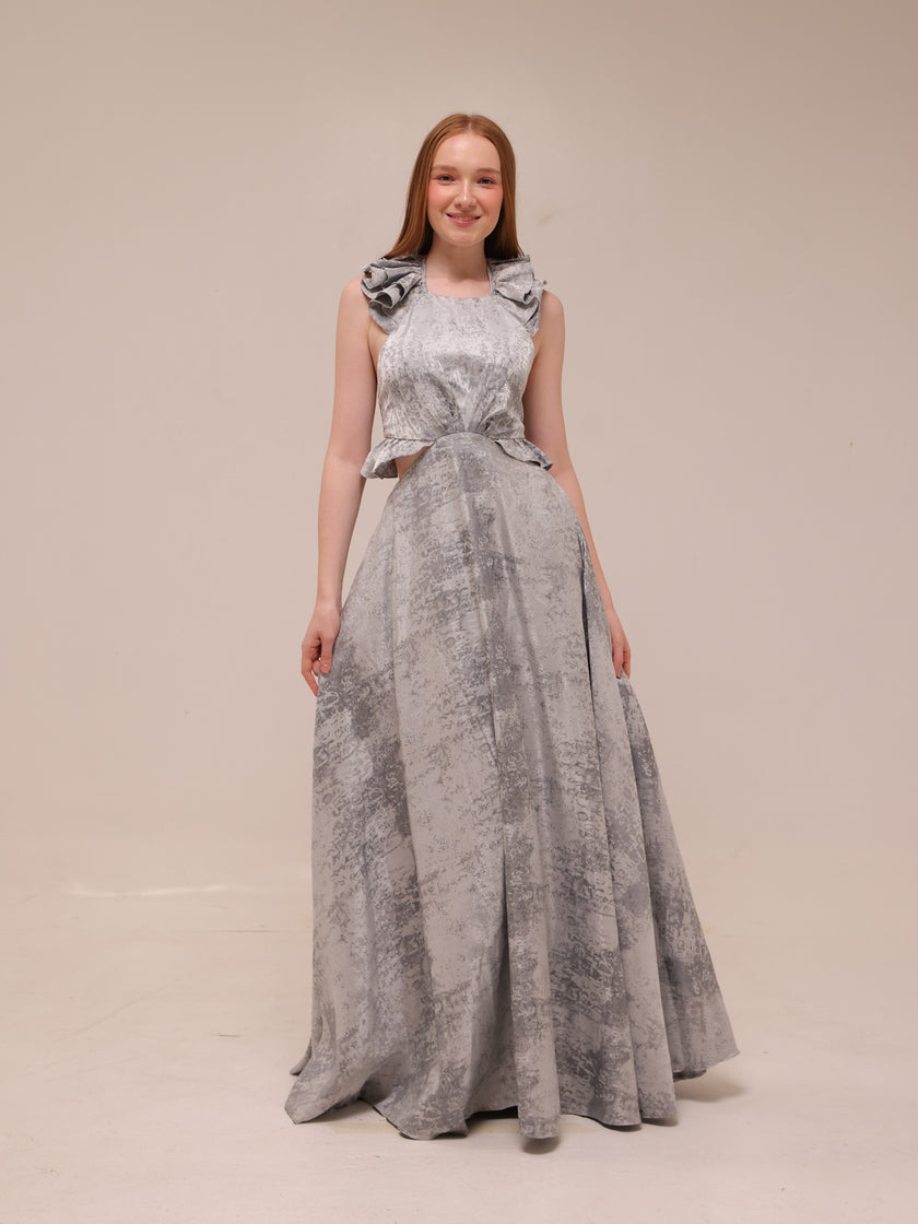 Silver Textured Ruffle Gown