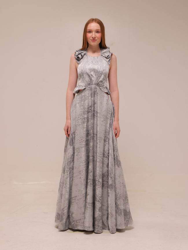 Silver Textured Ruffle Gown