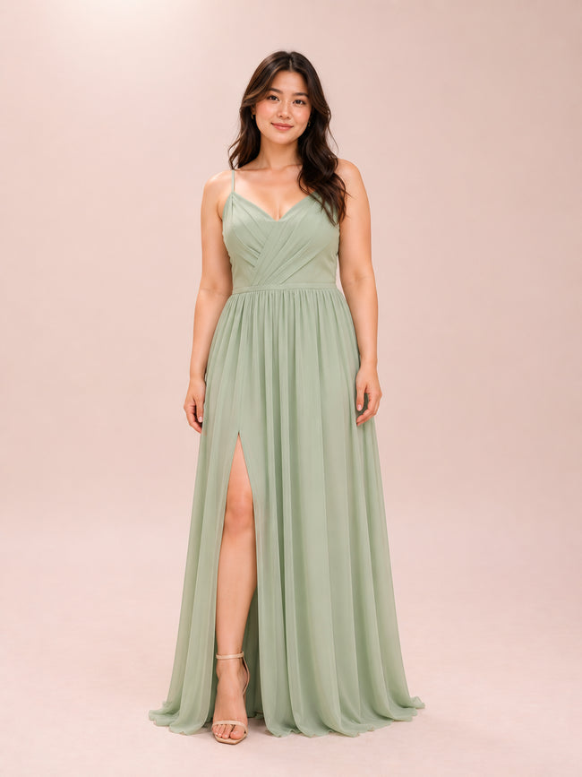 Cora Dusty Sage A-Line Pleated Chiffon