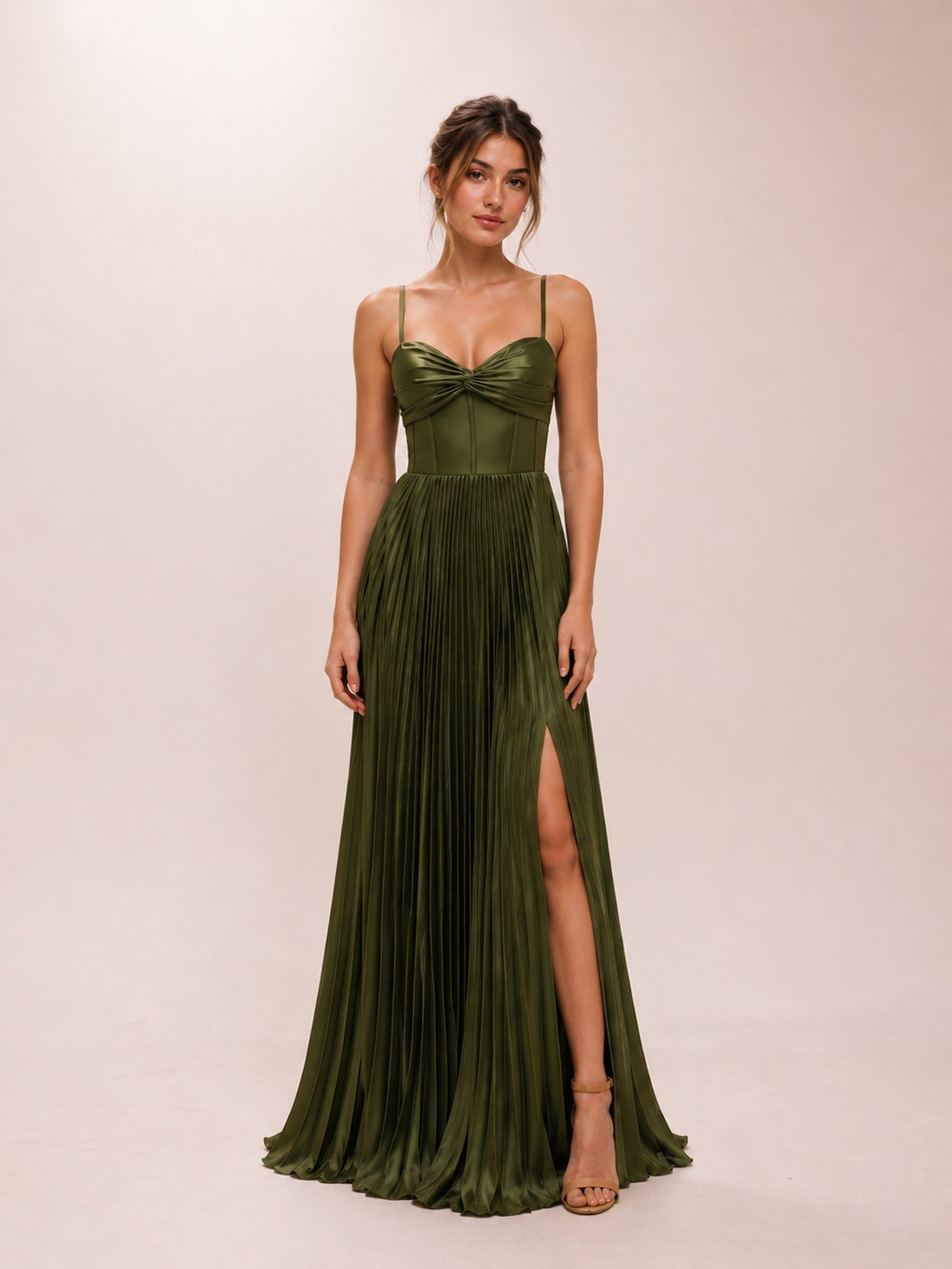 Tyla Olive Green Pleated Maxi Dress