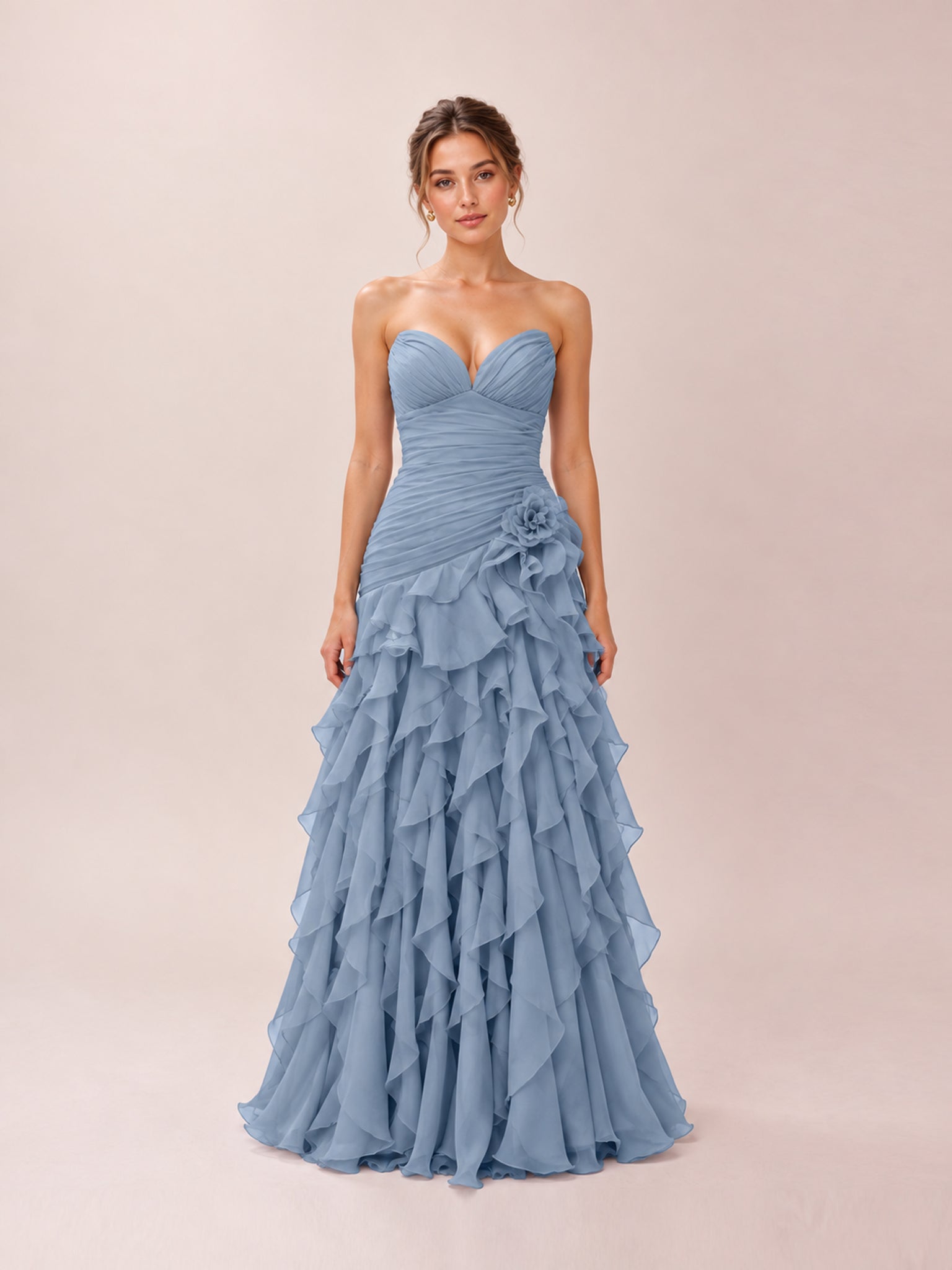 Belle Dusty Blue Sweetheart Strapless Ruffled Dress