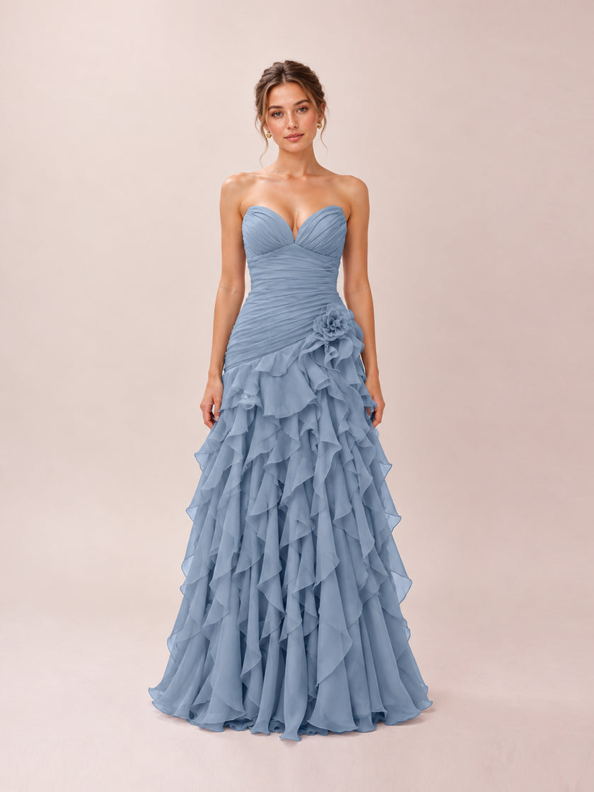 Belle Dusty Blue Sweetheart Strapless Ruffled Dress