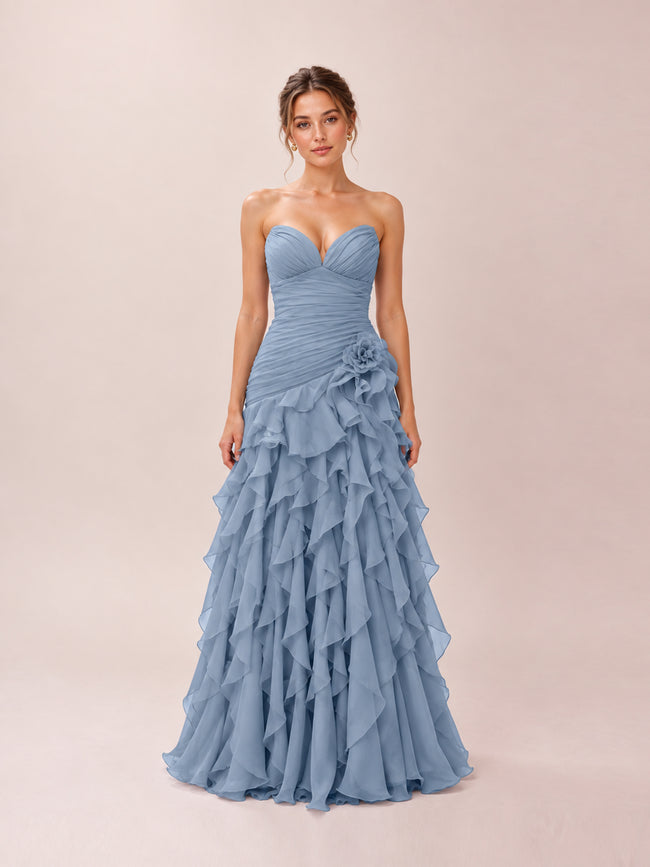 Belle Dusty Blue Sweetheart Strapless Ruffled Dress