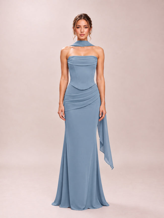 Sorrel Two Piece Steel Blue Mermaid Corset Chiffon Dress