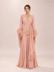 Geisha Feather-Cuff Gown in Chiffon