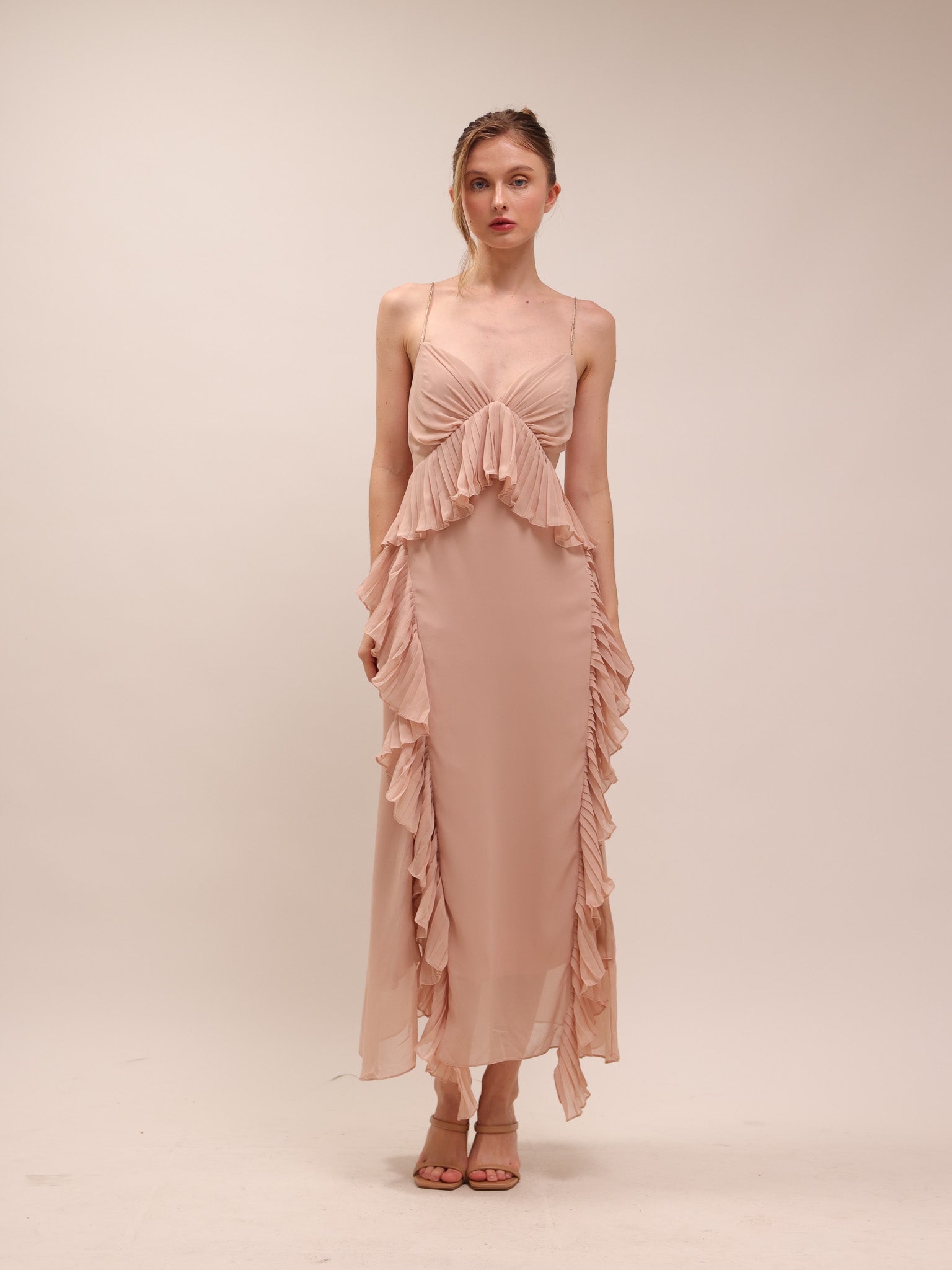 Ellington Crystal Strap Ruffle Midi Dress