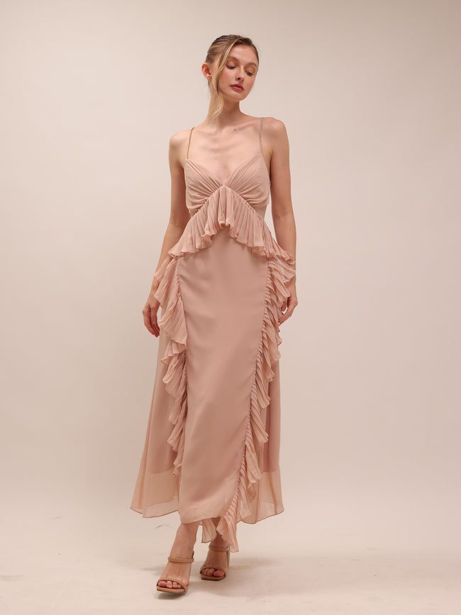 Ellington Crystal Strap Ruffle Midi Dress