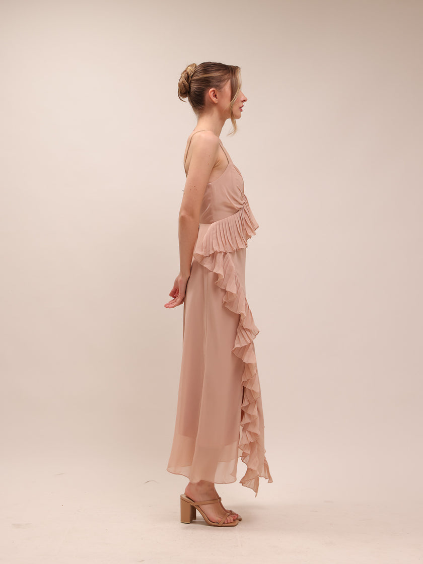 Ellington Crystal Strap Ruffle Midi Dress