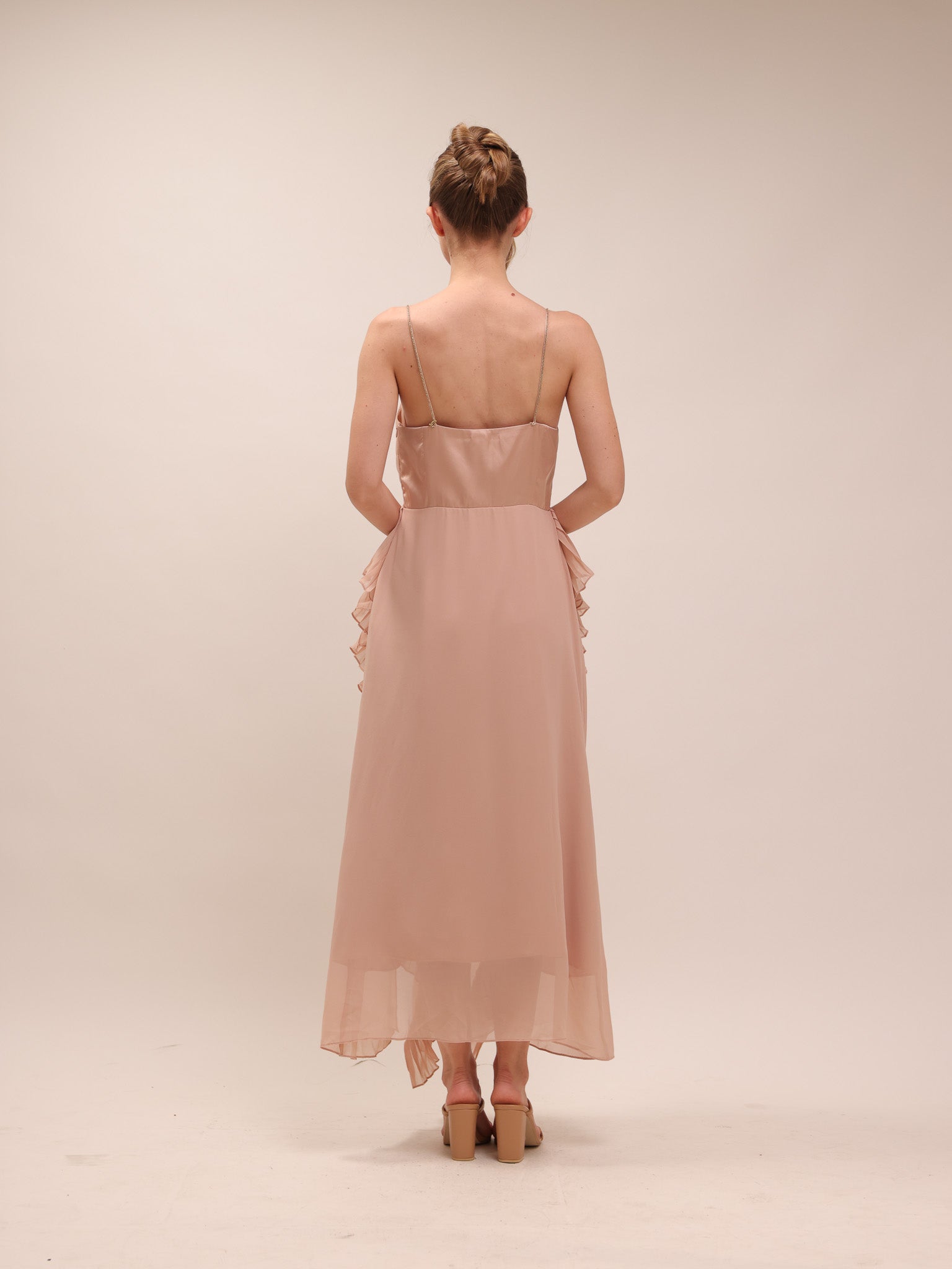 Ellington Crystal Strap Ruffle Midi Dress