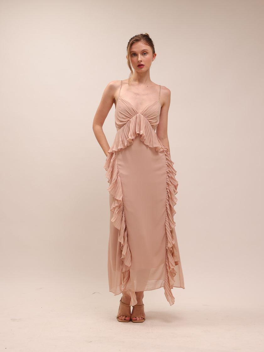 Ellington Crystal Strap Ruffle Midi Dress
