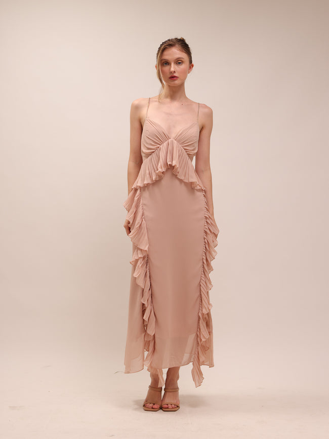 Ellington Crystal Strap Ruffle Midi Dress