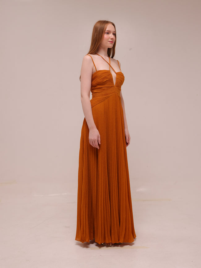 Ziv Pleated Chiffon Gown In Rust