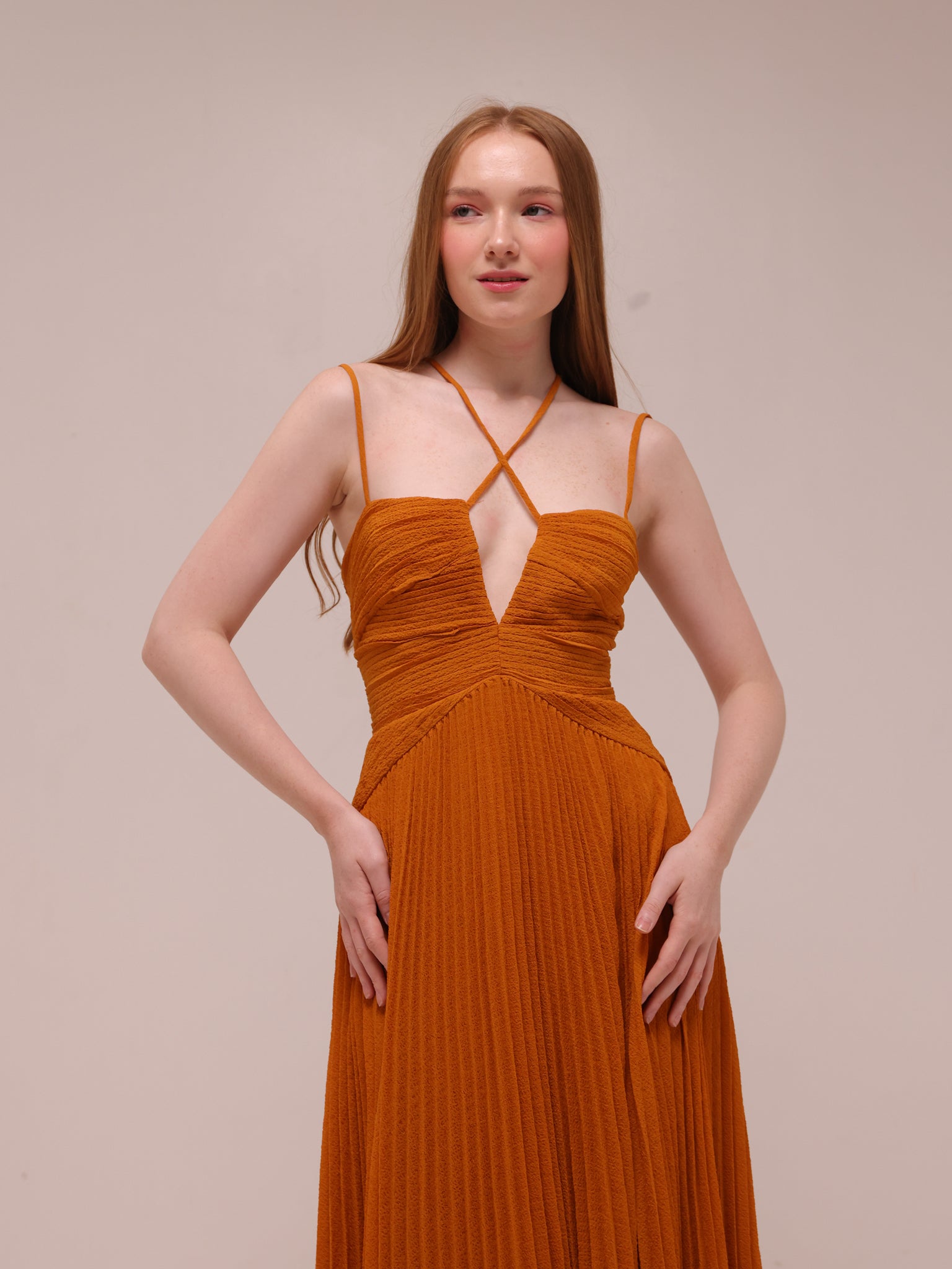 Ziv Pleated Chiffon Gown In Rust