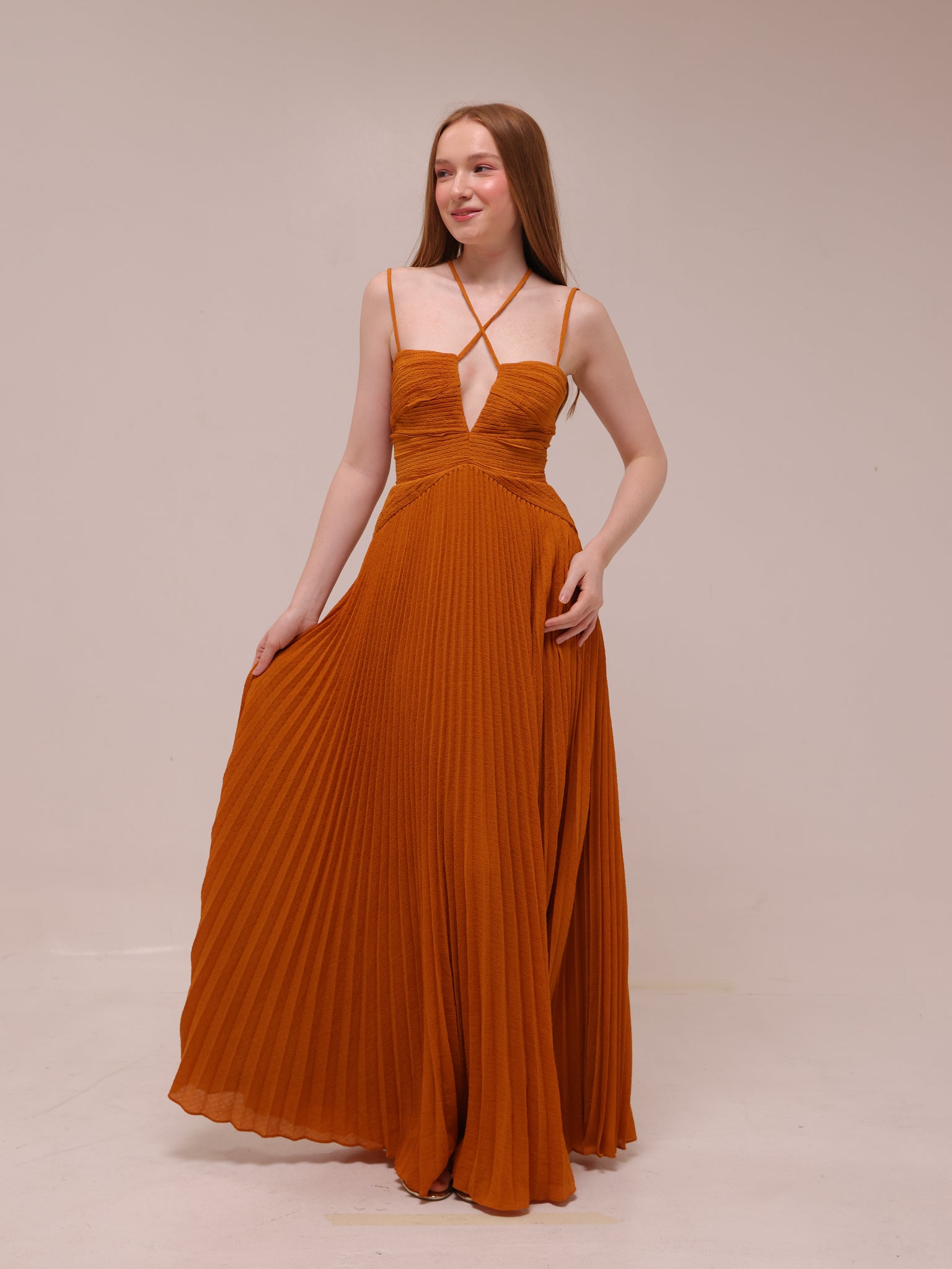 Ziv Pleated Chiffon Gown In Rust