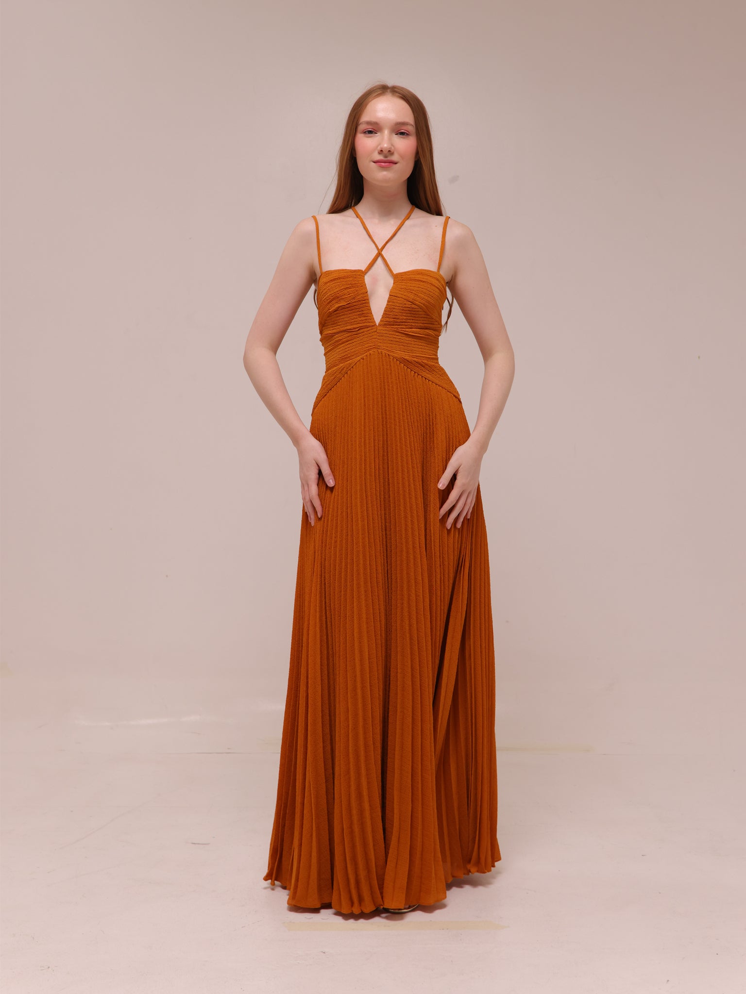 Ziv Pleated Chiffon Gown In Rust