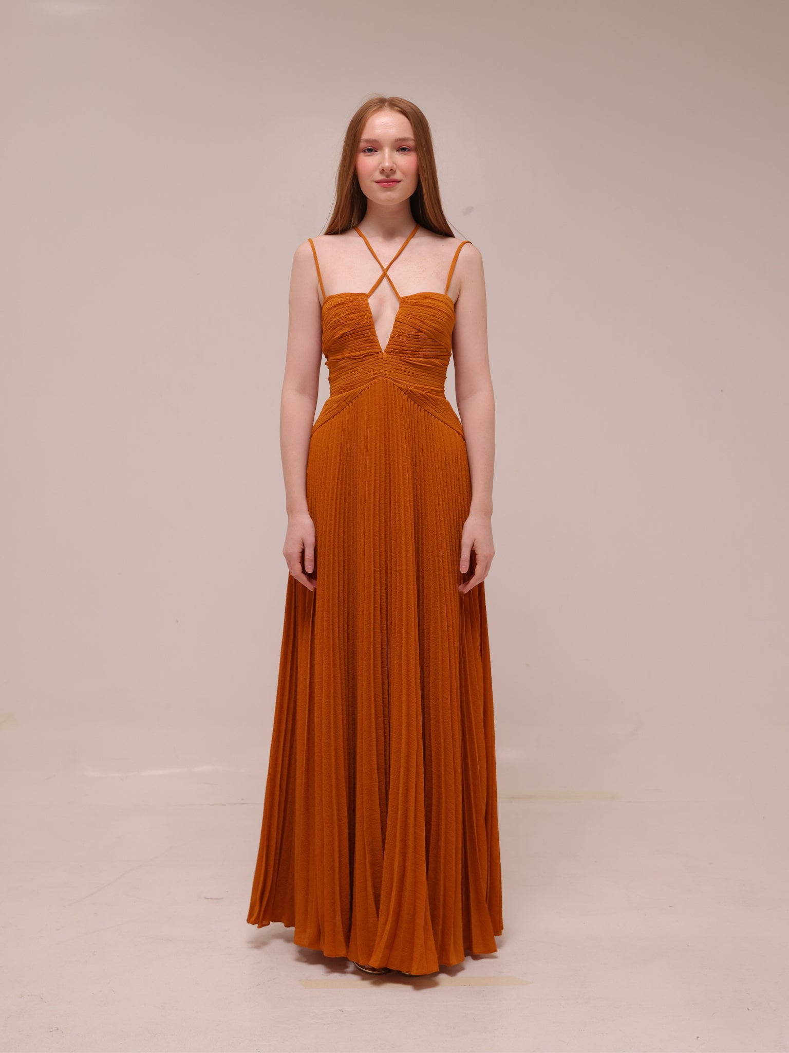 Ziv Pleated Chiffon Gown In Rust