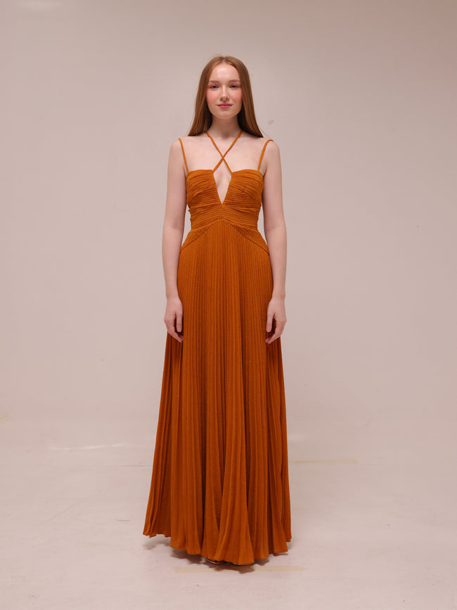 Ziv Pleated Chiffon Gown In Rust