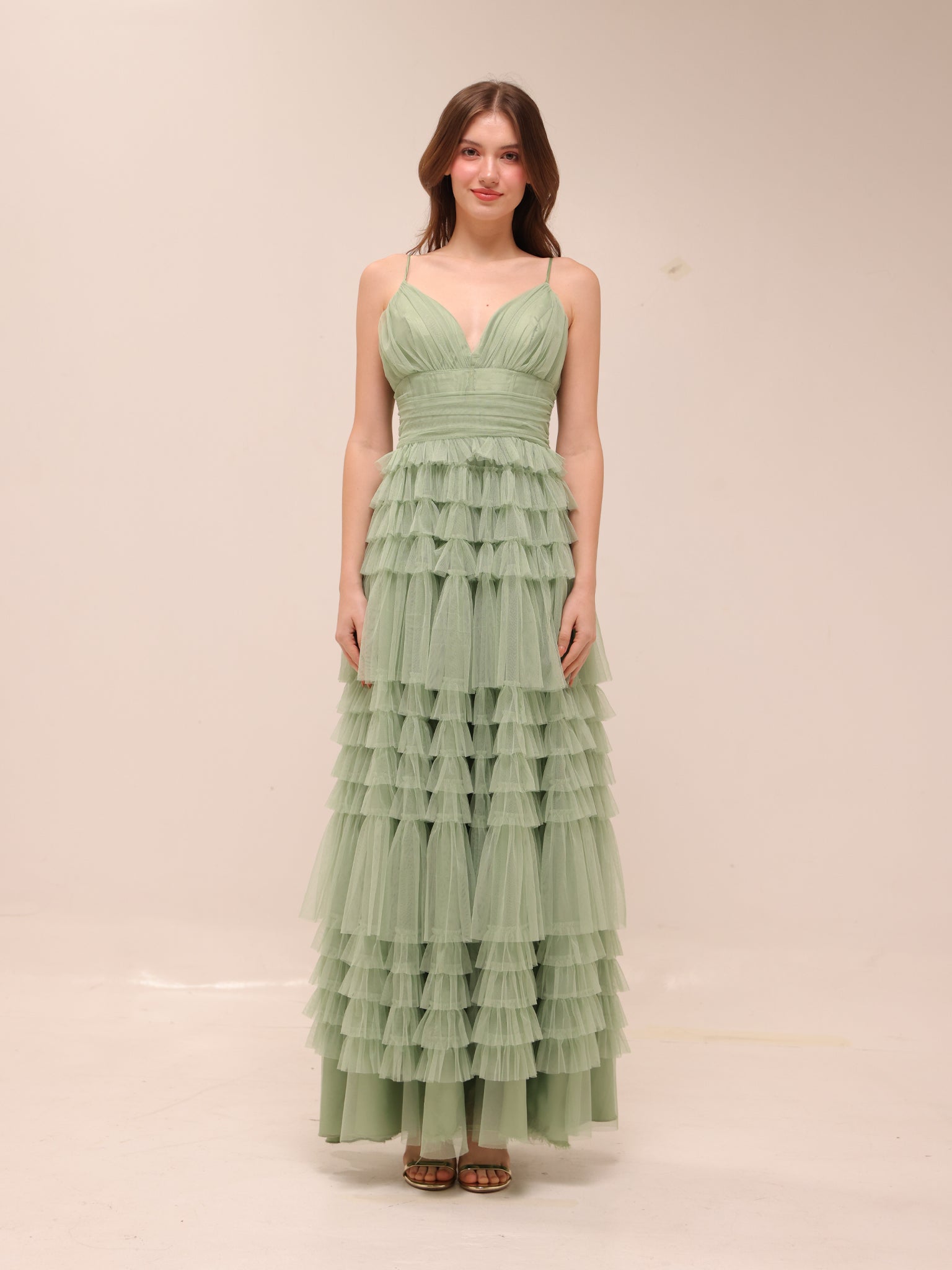 Sage Tiered Tulle Maxi Dress