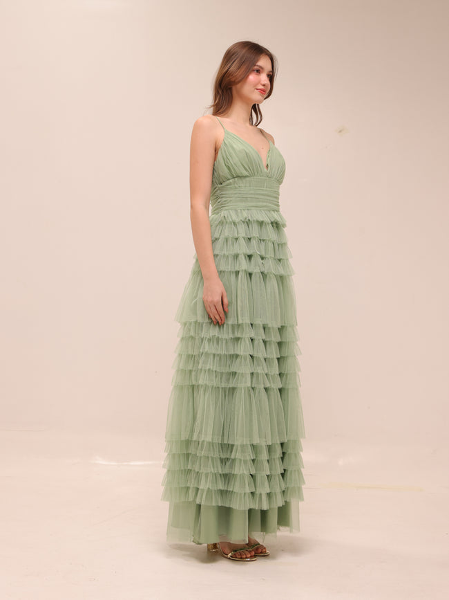Sage Tiered Tulle Maxi Dress