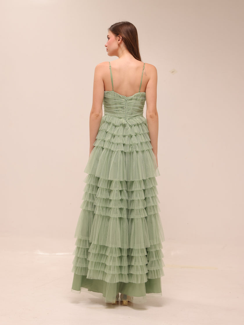 Sage Tiered Tulle Maxi Dress