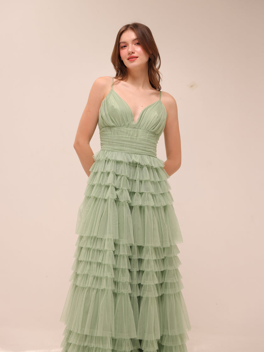 Sage Tiered Tulle Maxi Dress