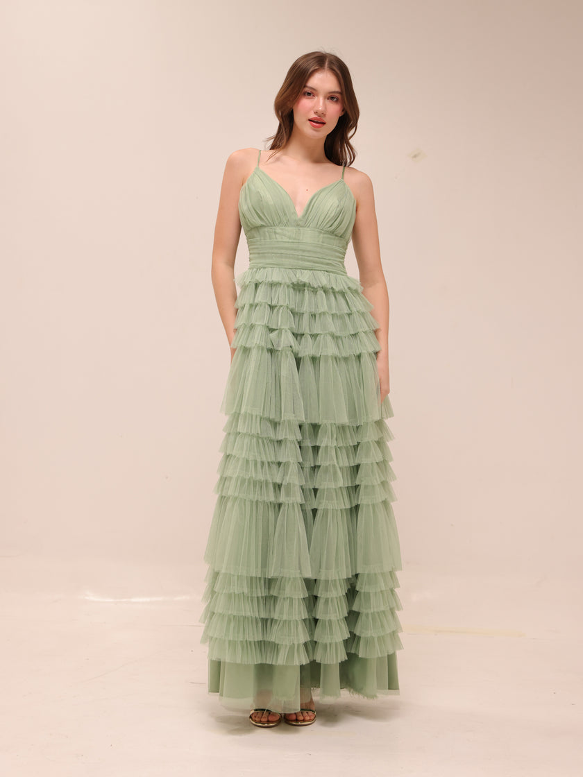 Sage Tiered Tulle Maxi Dress