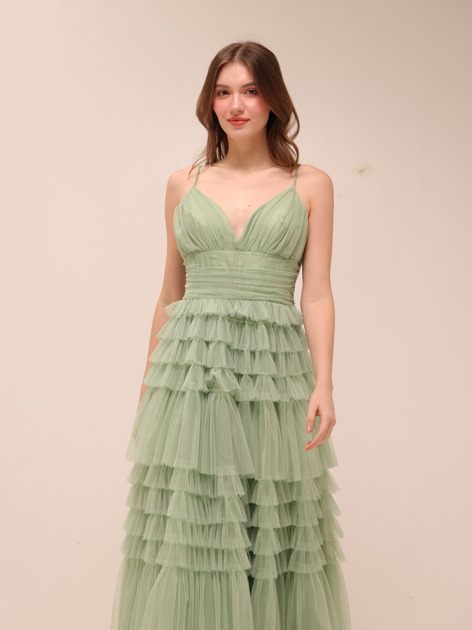 Sage Tiered Tulle Maxi Dress