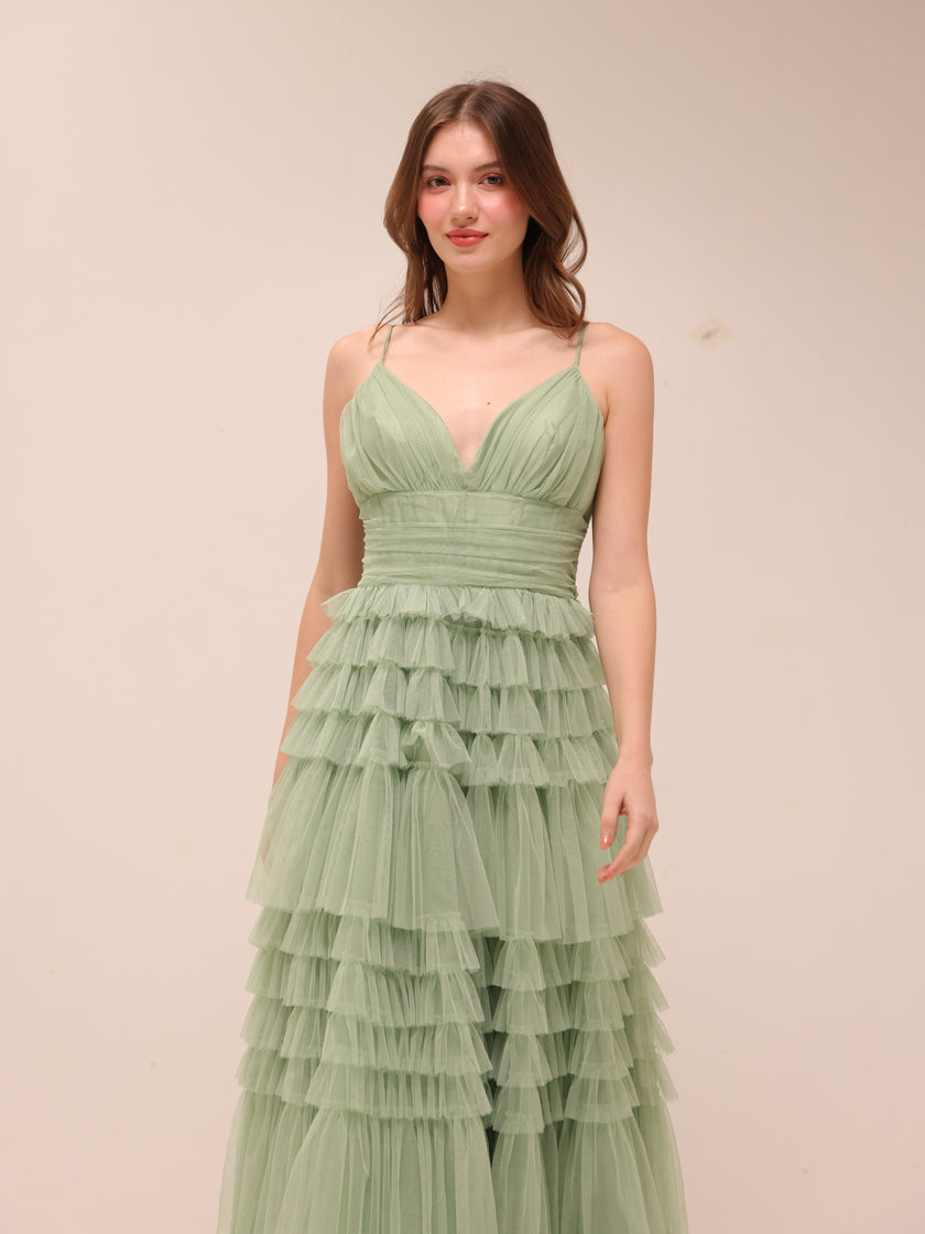 Sage Tiered Tulle Maxi Dress
