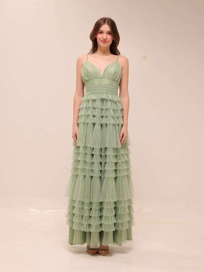 Sage Tiered Tulle Maxi Dress