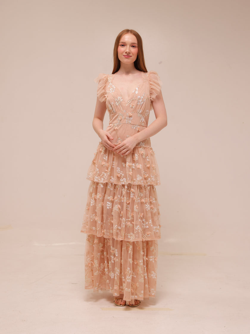 Willow Embroidered Ruffle Evening Dress