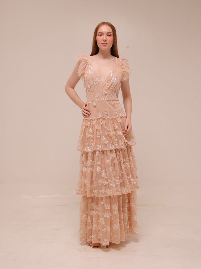 Willow Embroidered Ruffle Evening Dress