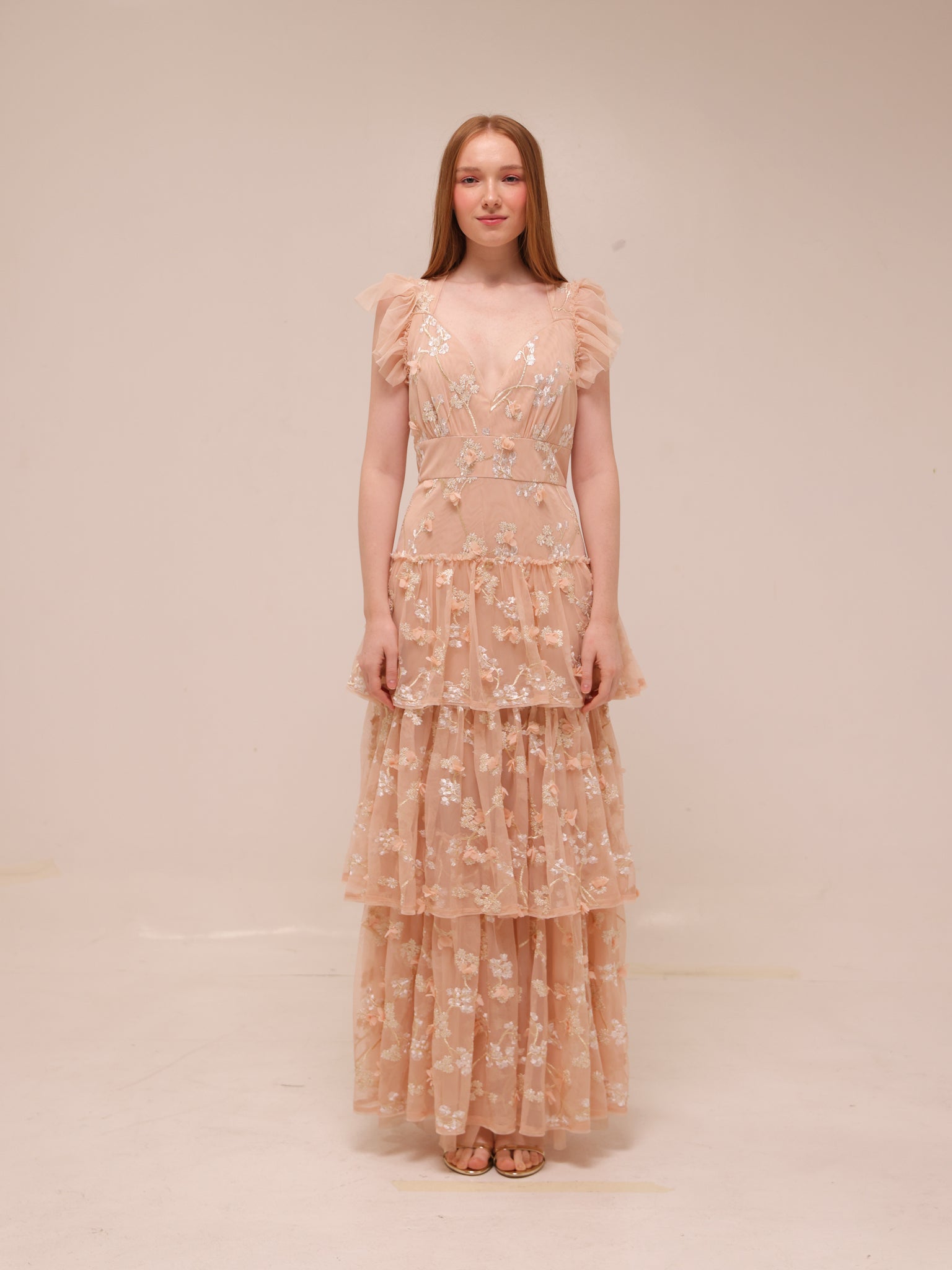 Willow Embroidered Ruffle Evening Dress