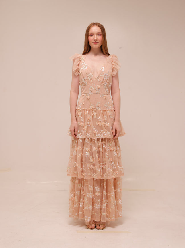 Willow Embroidered Ruffle Evening Dress