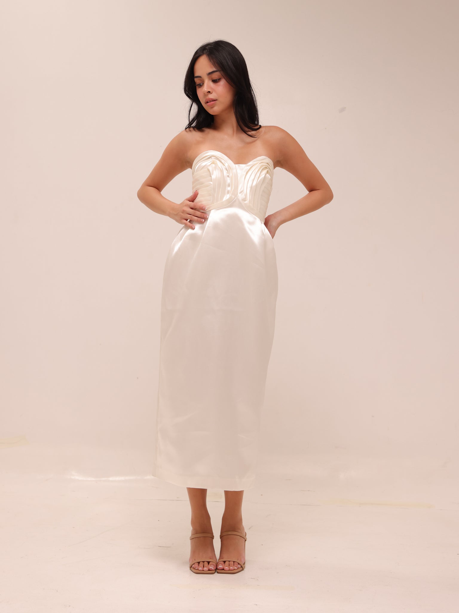 Strapless Satin Midi Dress