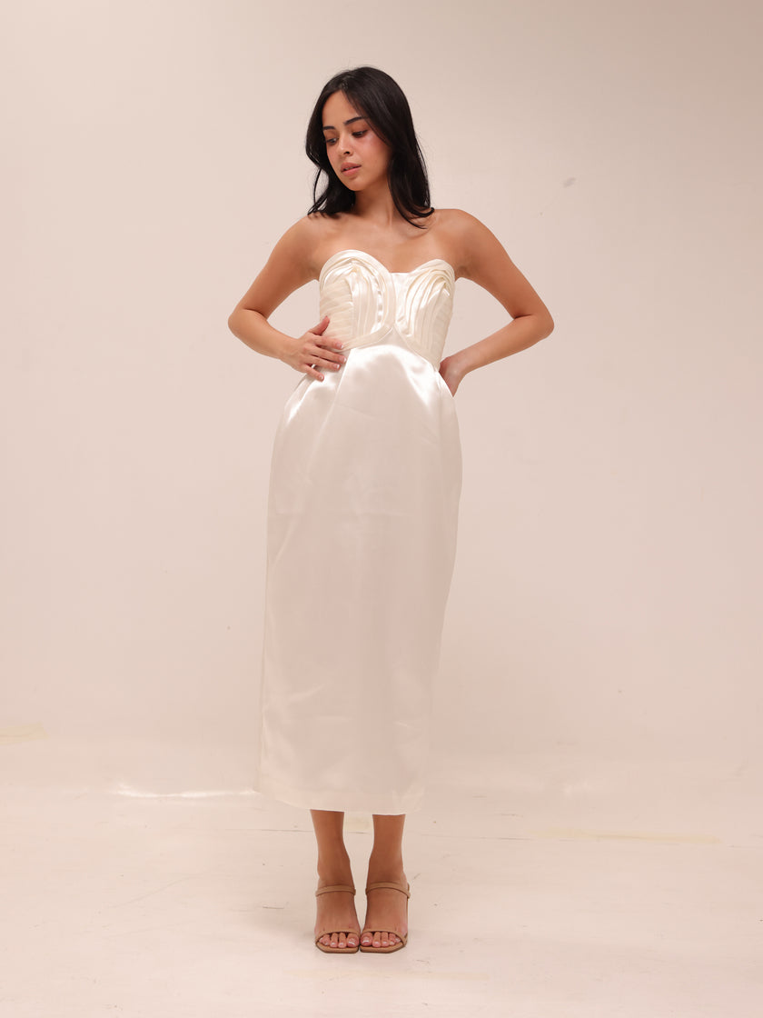 Strapless Satin Midi Dress