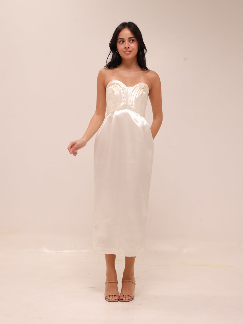 Strapless Satin Midi Dress