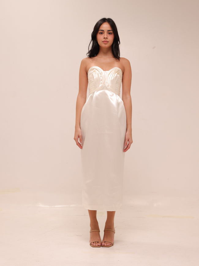 Strapless Satin Midi Dress