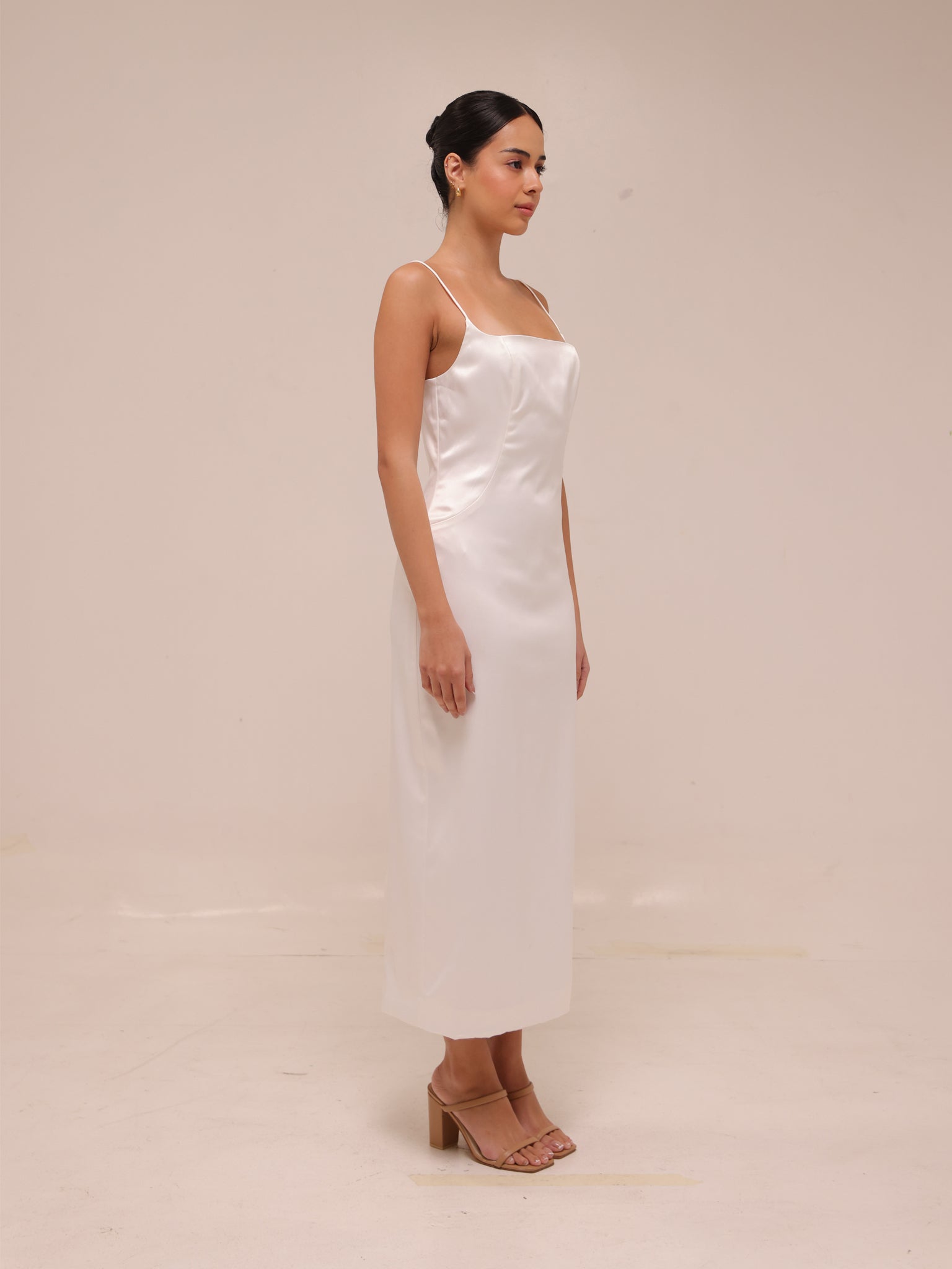 Square-Neck Back-Slit Slim Satin Midi Dress