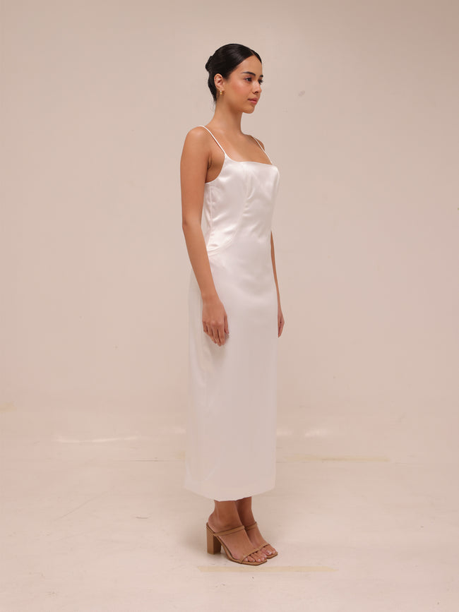 Square-Neck Back-Slit Slim Satin Midi Dress